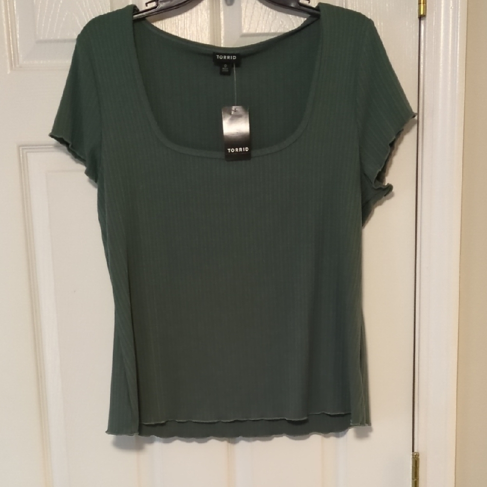 Torrid Pointelle Square Neck Fitted Lettuce Edge Short Sleeve Top